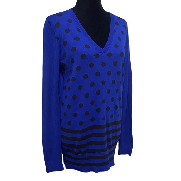 Loft Blue Polka Dot Stripe Wool Blend Sweater Medium V-Neck Retro NWT - Picture 2 of 7
